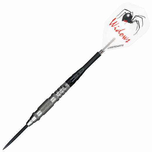 Laserdart Silver Widow Fixed steel tip dart, full view with shaft and flight