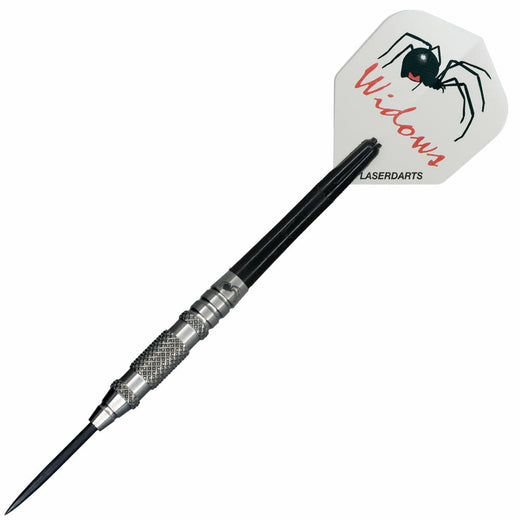 Laserdart Silver Widow Moveable steel tip dart, full view with shaft and flight