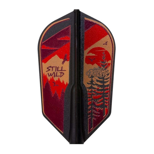 Cali West v3 slim-shape dart flight, black with red sunset wilderness "Still Wild" print