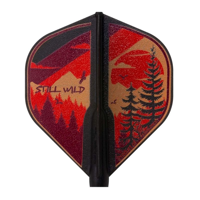 Cali West v3 standard dart flight, black with red sunset wilderness "Still Wild" print