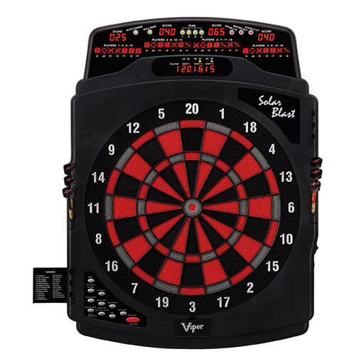 Solar Blast electronic dartboard, front view showing target face and LED display