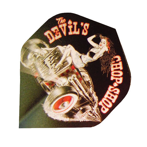 Alchemy Flights dart flight with a devil chop shop graphic on black background