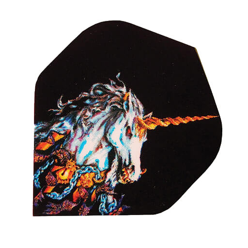 Alchemy dart flight featuring a white unicorn on a black background