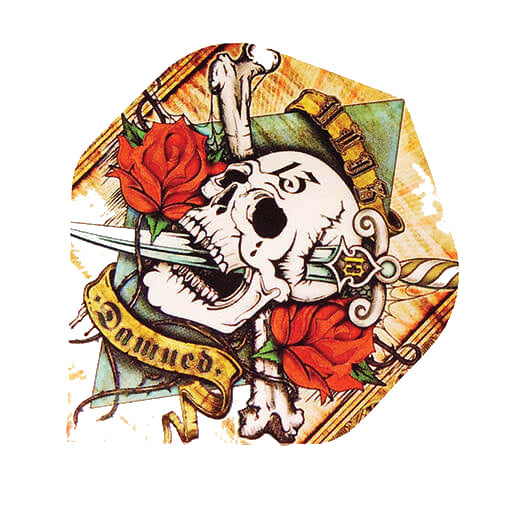 Alchemy Flights dart flight with a skull and red roses graphic on off-white background