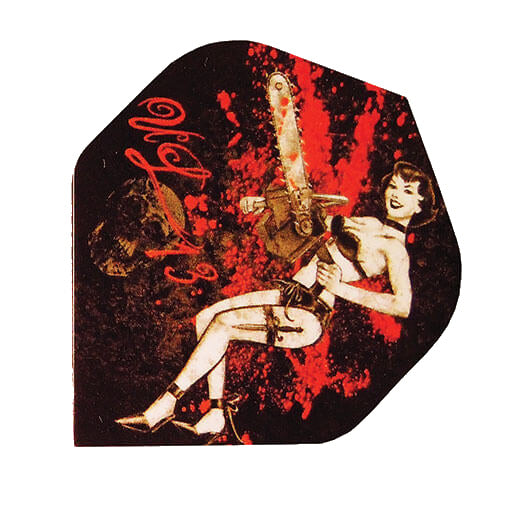 Alchemy Flights dart flight with a pin-up chainsaw graphic and red paint splatter on black background