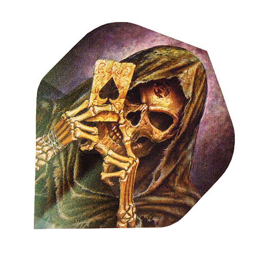 Alchemy Flights dart flight with a skeleton graphic on dark blue background