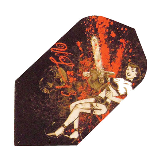 Alchemy dart flight featuring a chainsaw wielding woman design on black