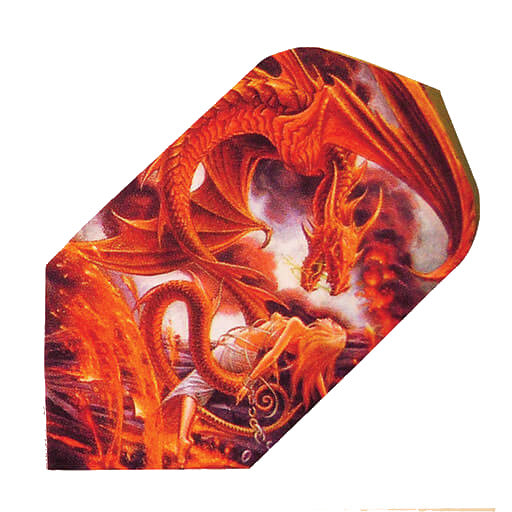 Alchemy dart flight featuring a red dragon and woman in chains design on dark skies