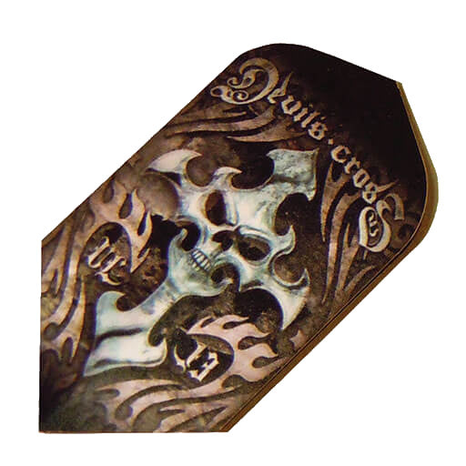 Alchemy dart flight featuring a cross and skull design in black and grey