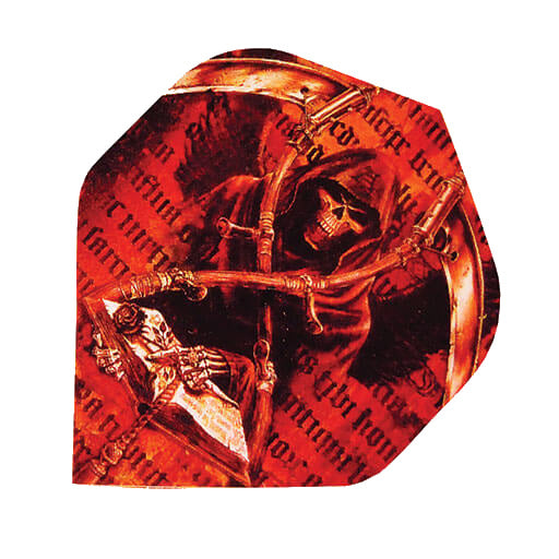 Alchemy Flights dart flight with a reaper graphic in red and black