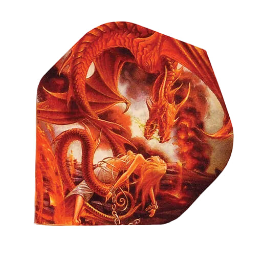 Alchemy dart flight featuring a red dragon and woman in chains design