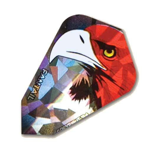 Harrow dart flight in silver cracked-glass holographic finish with red eagle design