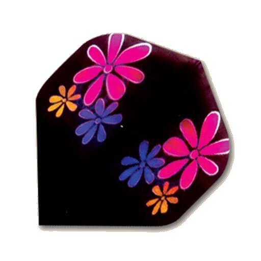 Hi-Vis Flights dart flight, black background with purple, orange and pink flowers