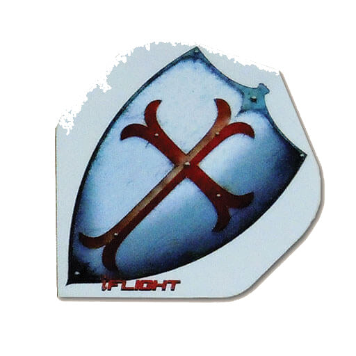 I-Flights dart flight, white background with shield and cross design
