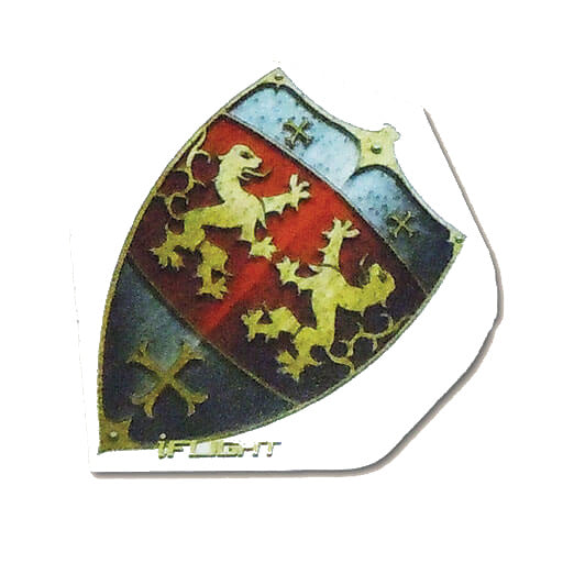 I-Flights dart flight, white background with silver, red and gold shield
