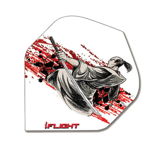 I-Flights dart flight, white background with grey samurai design