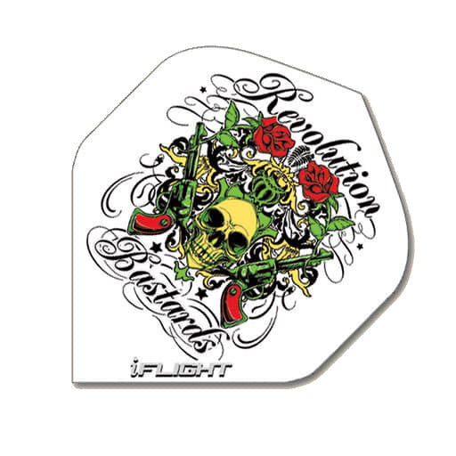 I-Flight dart flight, white with skulls, revolvers, and roses print