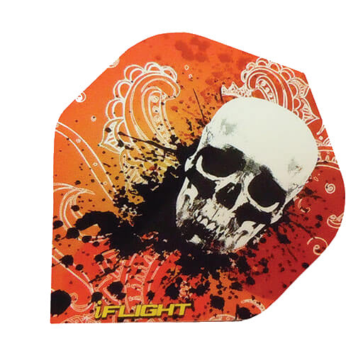 I-Flight dart flight, reddish-orange with black paint splatter and skull print