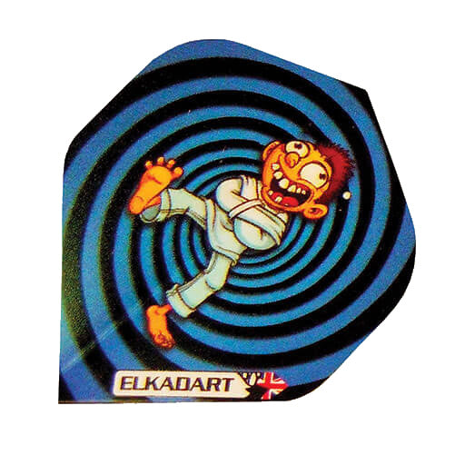 I-Flights dart flight with a straitjacket figure on black and blue spiral background