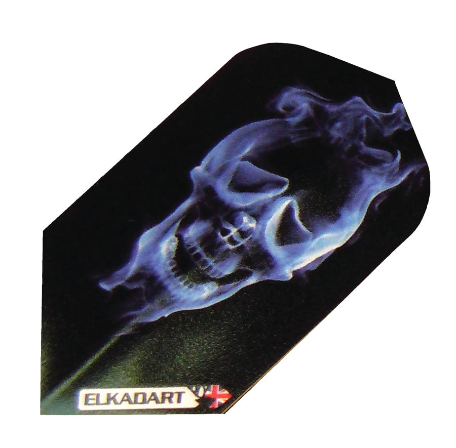 I-Flights dart flight with a blue smoke skull graphic on black background