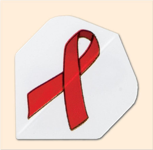 Charity Flight dart flight featuring a red AIDS Vaccine Initiative ribbon on a white background