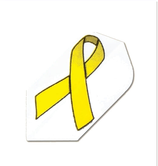 Charity Flight dart flight featuring a yellow LiveStrong Foundation ribbon on a white background