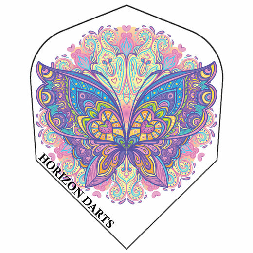 Rock Hard 100 micron dart flight, Butterfly design, standard shape, white with multicolored pastel butterfly graphic