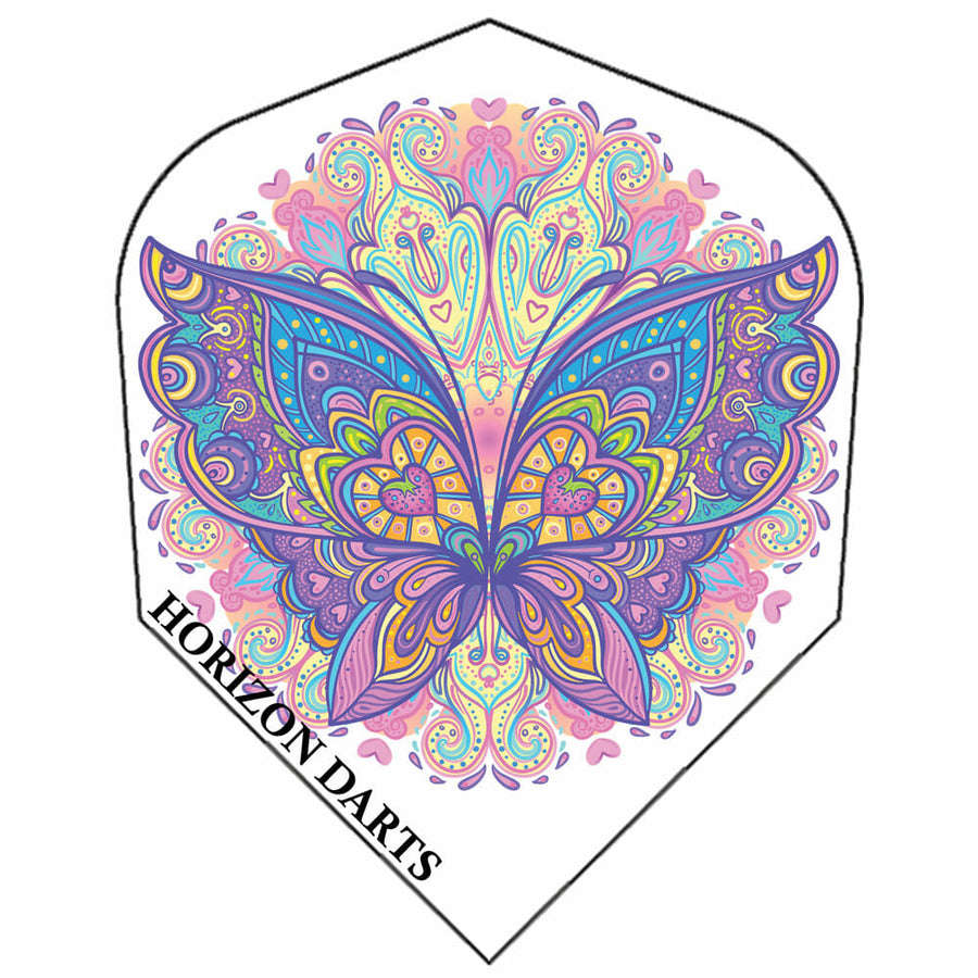 Rock Hard 100 micron dart flight, Butterfly design, standard shape, white with multicolored pastel butterfly graphic