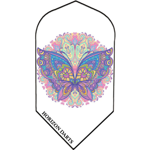 Rock Hard 100 micron dart flight, Butterfly design, slim shape, white with multicolored pastel butterfly graphic