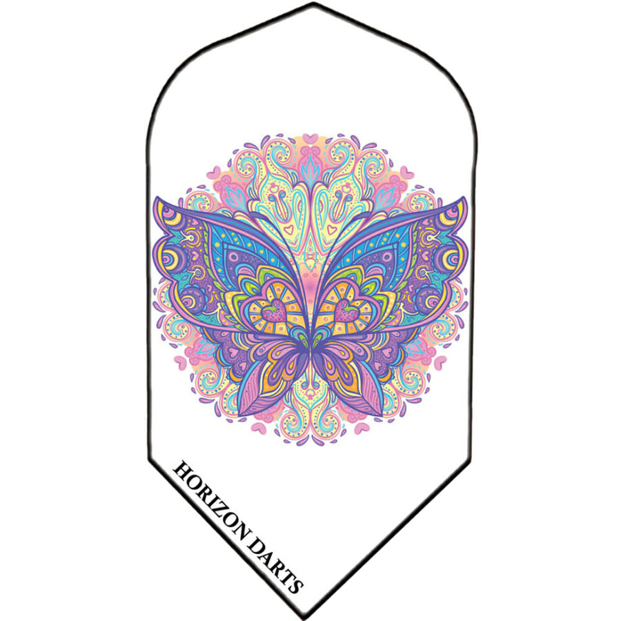 Rock Hard 100 micron dart flight, Butterfly design, slim shape, white with multicolored pastel butterfly graphic