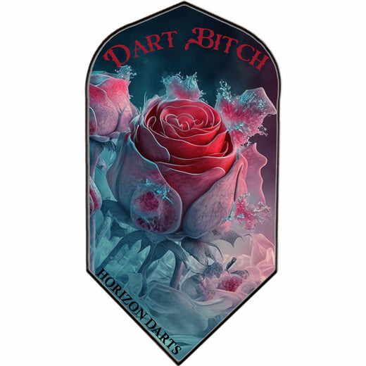Rock Hard 100 micron dart flight, frozen roses design with bold text, slim shape