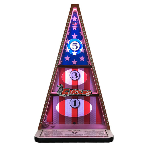 A-HOLES bean bag toss game board with remote-controlled LED lights.