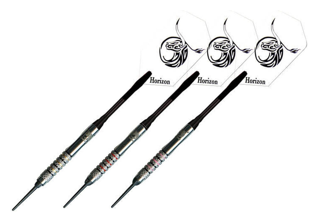 Bull Whip soft tip darts in black and gold, black and red, and black and pink