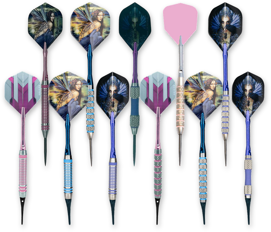 Femme Fatale steel tip and soft tip darts in pink, blue and purple