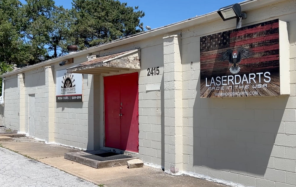 The Horizon Darts storefront at 2415 S 50th Street, Kansas City, Kansas, with the Laserdarts Made in the USA sign