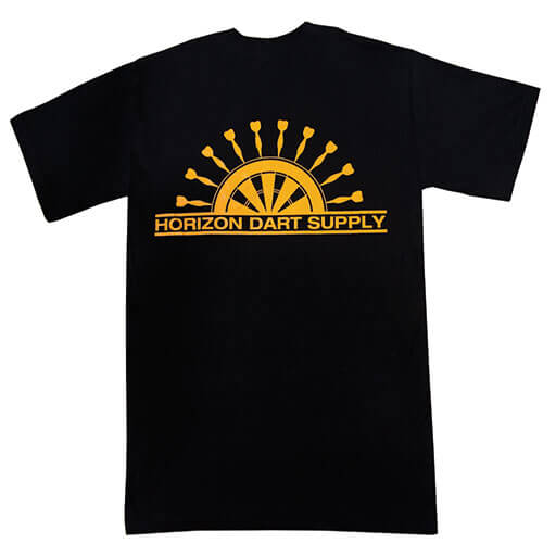 Black Horizon Darts Logo t-shirt, back view showing the silk-screened logo graphic