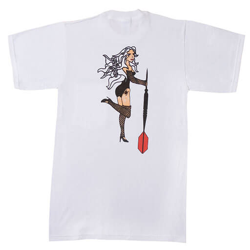 White Horizon Darts Dart Vixen t-shirt, back view showing the graphic
