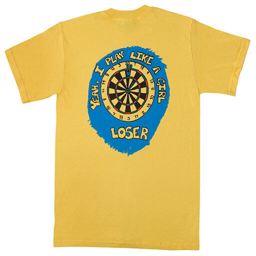 Yellow Horizon Darts Play Like a Girl t-shirt, back view showing the graphic