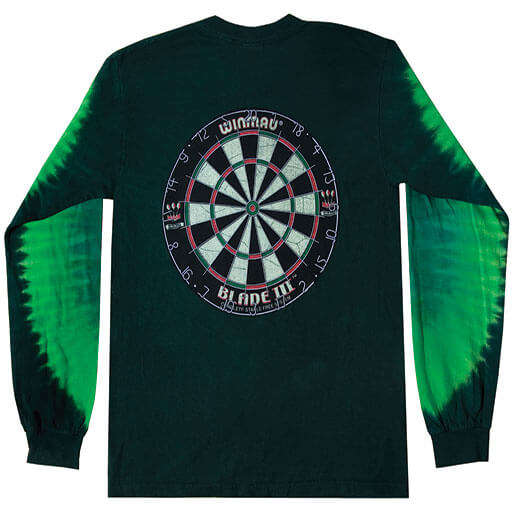 Dark green long sleeve Starburst t-shirt with tie-dyed arms and back dartboard graphic