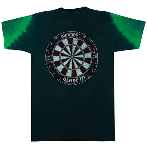 Dark green short sleeve Starburst t-shirt with tie-dyed arms and back dartboard graphic