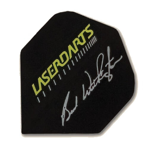 Laserdart Flights LF4, black background with white and yellow lettering