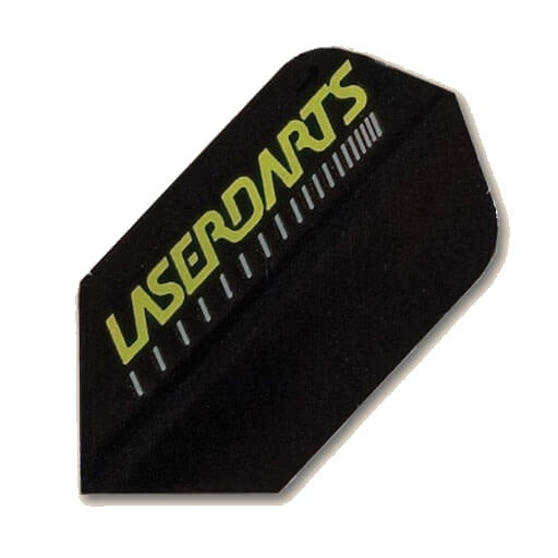 Laserdart Flights LF51, black background with yellow and white lettering