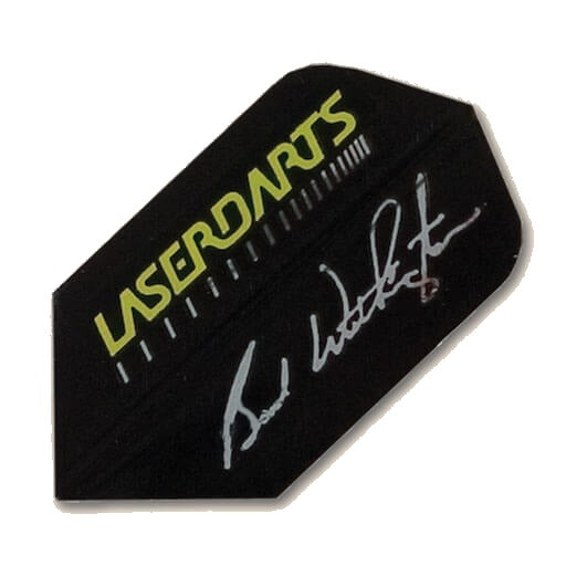 Laserdart Flights LF54, black background with yellow and white lettering