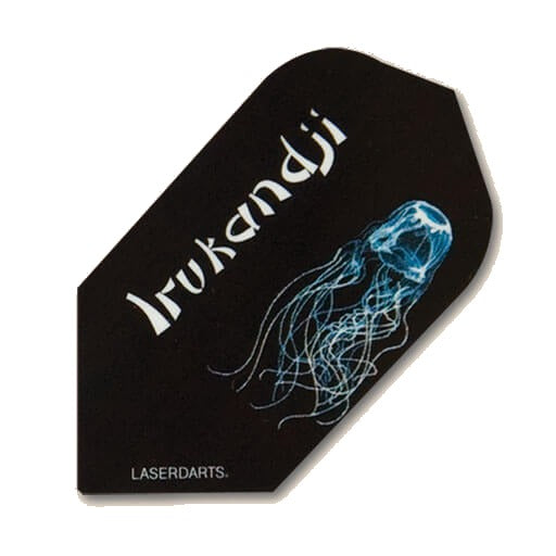 Laserdart Flights LF56, black background with irukandji jellyfish graphic and white lettering