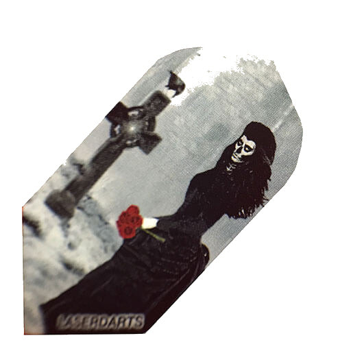 Laserdart Flights LF57, grey skies background with widowmaker graphic