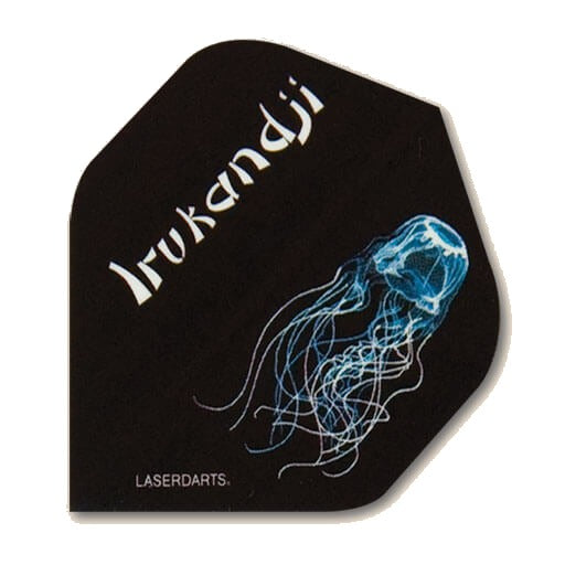 Laserdart Flights LF6, black background with irukandji jellyfish graphic and white lettering