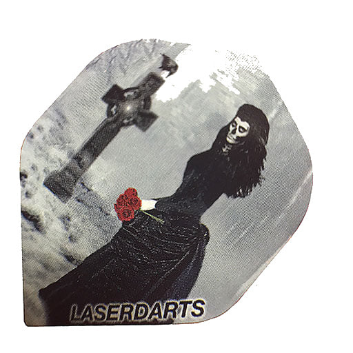 Laserdart Flights LF7, grey skies background with widowmaker graphic