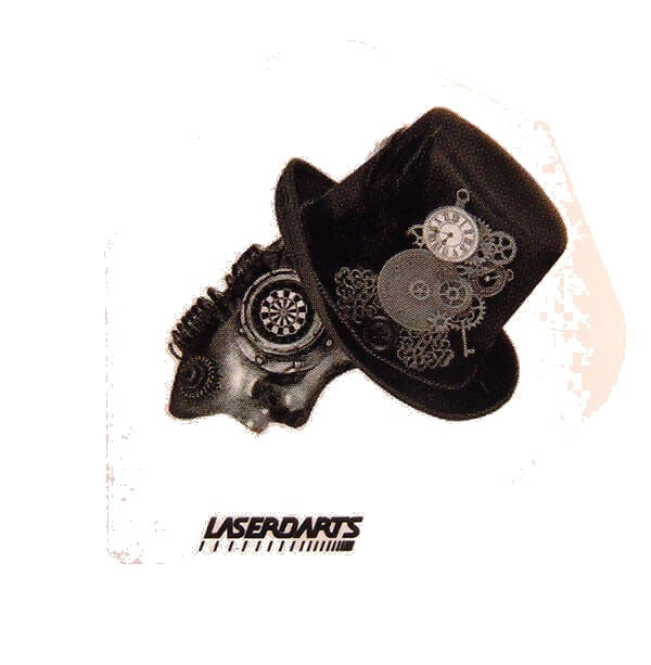 Laserdart flight with a Steampunk mask and top hat design on a white background