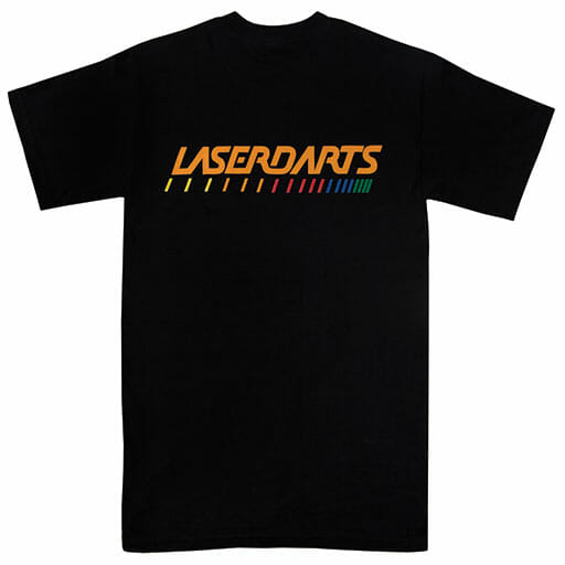 Black Laserdarts Logo t-shirt, back view showing the silk-screened logo graphic
