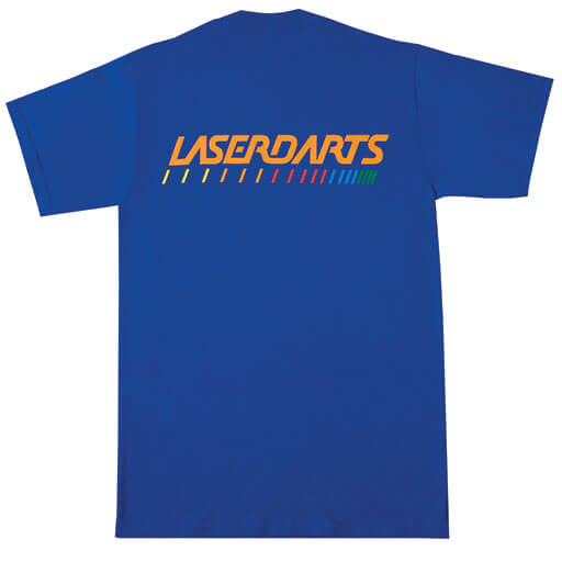 Blue Laserdarts Logo t-shirt, back view showing the silk-screened logo graphic